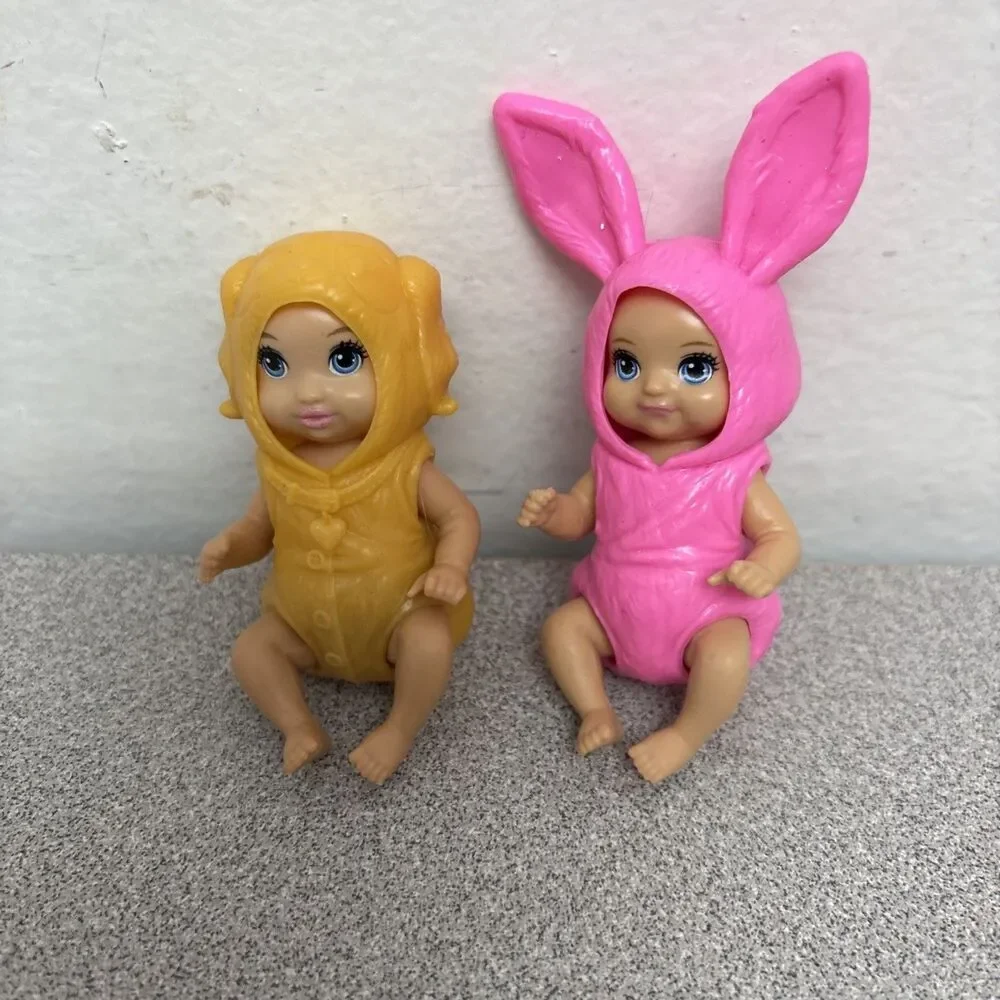 Barbie Skipper Babysitters Inc Baby in Rubber Outfits, Pink Bunny, Brown Doggie